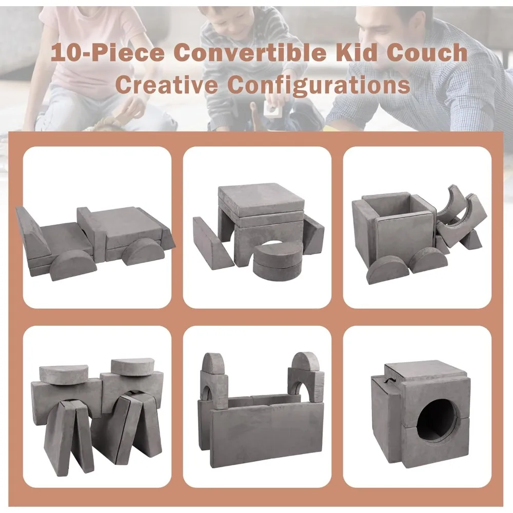 Children's Modular Play Sofa Set, 10-Piece Sectional Imaginative Furniture for Kids' Creative Playrooms and Bedrooms