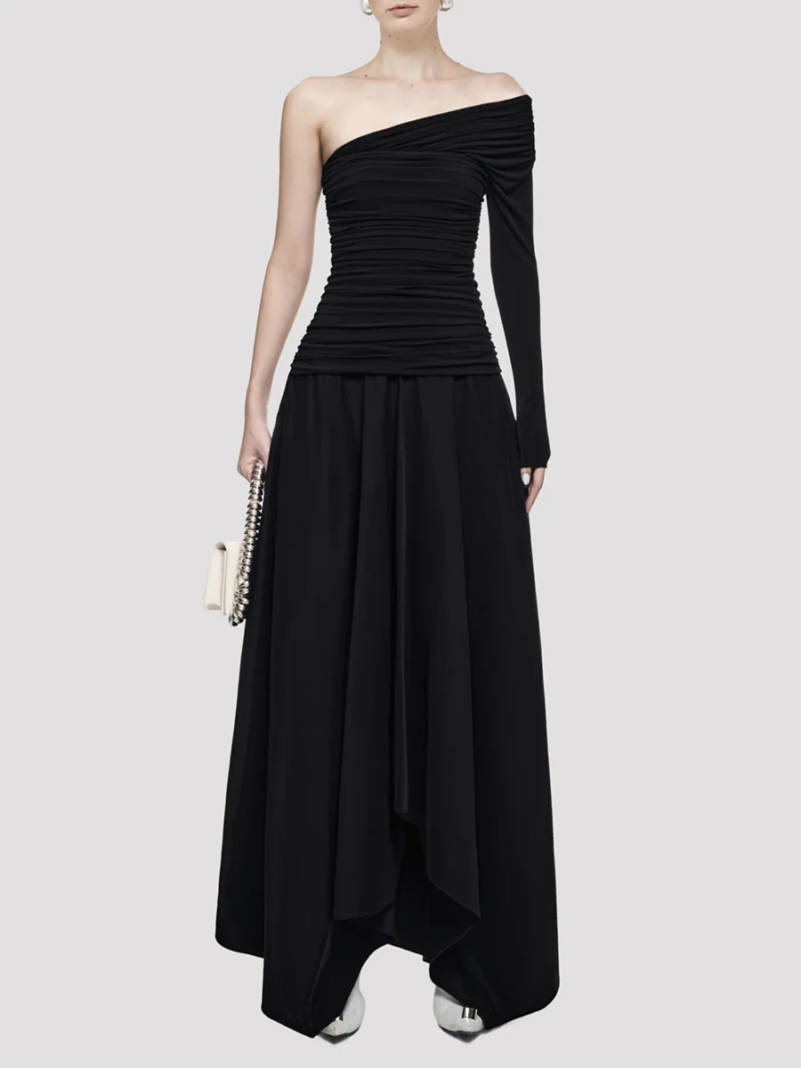 VGH Solide Slim Fit Elegante Abendessen Kleider Für Frauen Diagonal Einzelnen Schulter Hülse Hohe Taille Chic Falten Kleid Weibliche Mode