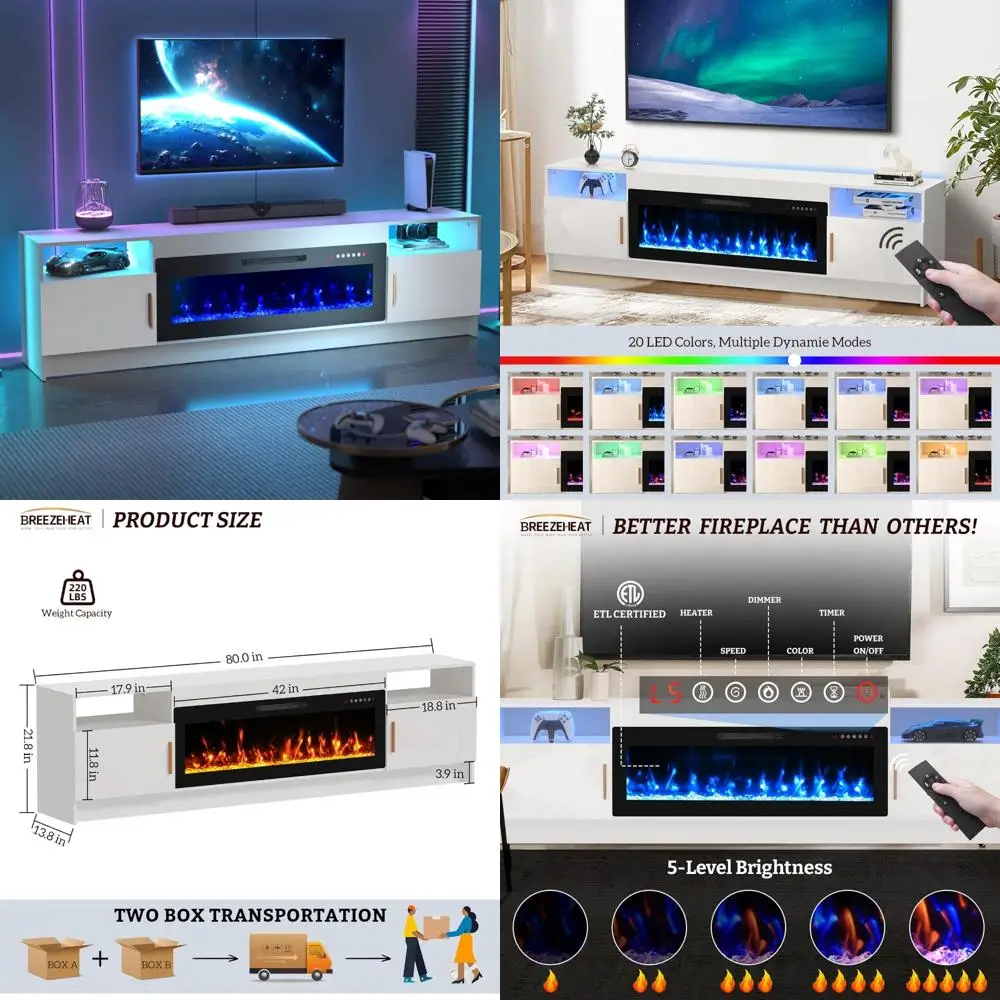 

LED Electric Fireplace TV Stand for 42-90 Inch TVs - Entertainment Center with Glossy Doors, 80 Inches