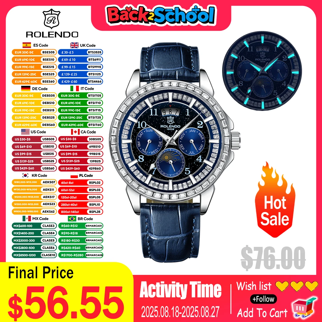 

ROLENDO Men's Automatic Mechanical Watch 42mm Stainless Steel Sapphire Crystal Luminous Date 30M Water Resistant Luxury Watch