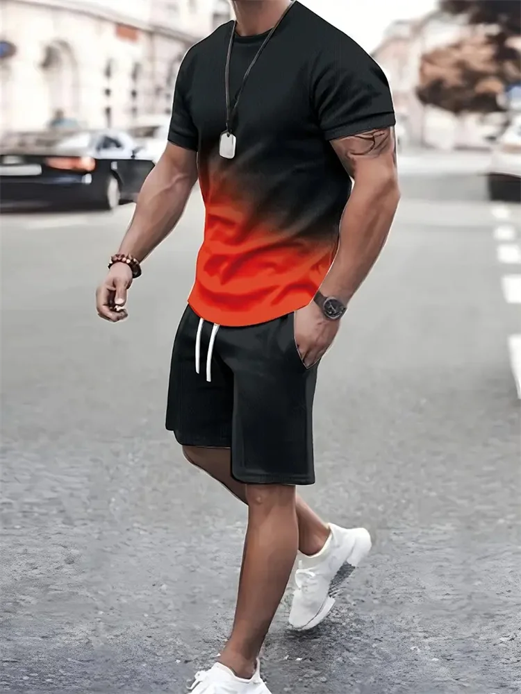 Ropa deportiva para hombre, traje de manga corta degradado, camiseta informal de temperamento, traje de moda, ropa de calle de gran tamaño, novedad de verano, 2024