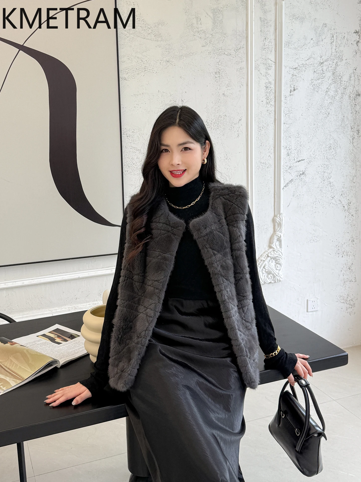 KMETRAM Natural Purple-Labeled Velvet Whole Mink Fur Coats for Woman Short Real Fur Vest Autumn Sleeveless Outerwears 2025 шуба