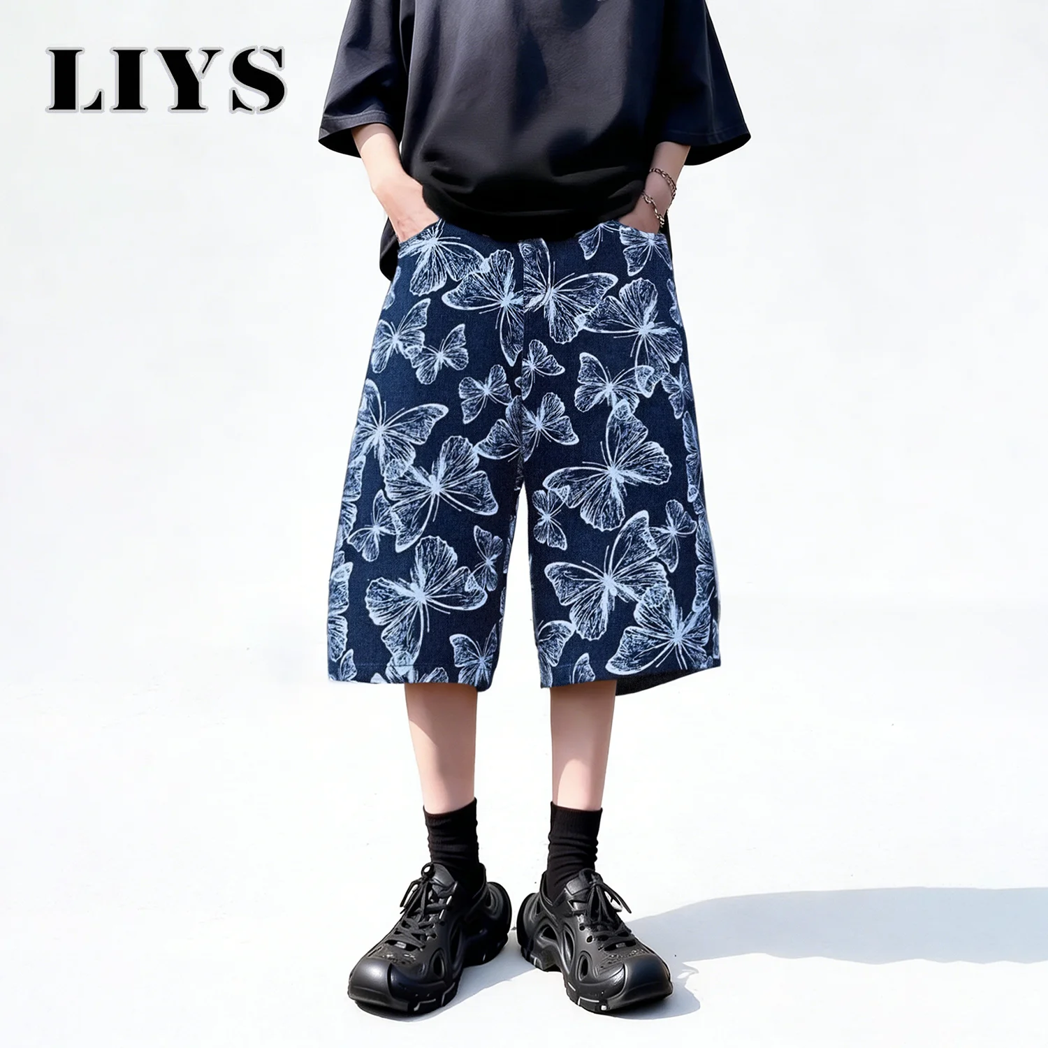 

LIYS Japanese Korean Style Butterfly Print Baggy Wide-Leg Bermuda Denim Shorts American Retro Print Wide-leg Bermuda Shorts Jean