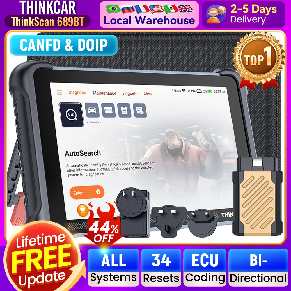 

THINKCAR THINKSCAN 689BT Профессиональный автомобильный диагностический инструмент CANFD DOIP Двунаправленное кодирование ЭБУ 34 Сброс Полная система Obd2 Сканер
