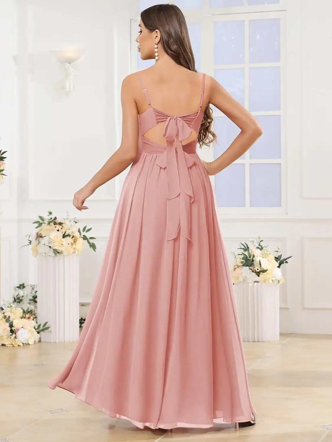 Dames A-lijn V-hals Bruidsmeisjesjurken voor dames met split Spaghettibandjes Geplooid Chiffon Formele avondjurk Feestjurk
