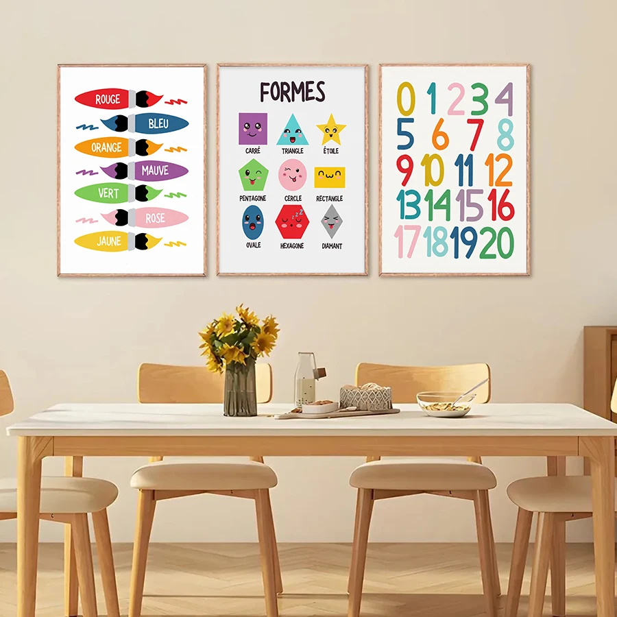 French Educational Kids Poster Set Alphabet Numbers Shapes Canvas Wall Art Print Wall Decor Children Learning Chart Home Decor