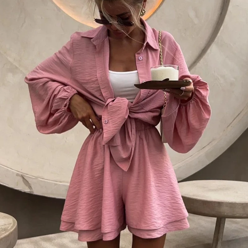 

Trend Casual Shorts Set Women 2 Piece Sets Long Sleeve Shirt Shorts Outfits Vacation Baggy Shorts Set Beach Summer Clothing