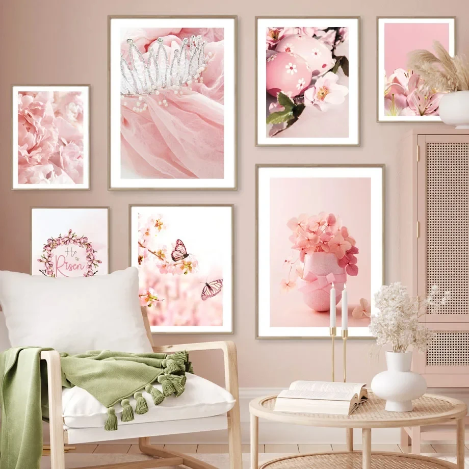 Wall Art Easter Pink Rabbit Egg Lily Cherry Blossom Canvas Painting Nordic Posters and Prints Living Room Decoration Mural