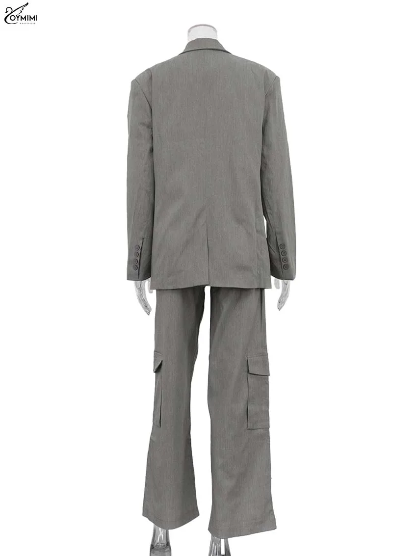 Oymimi mode gris bureau 2 pièces ensembles femmes tenue élégante à manches longues poche chemises et solide pantalon Cargo droit femme ensemble