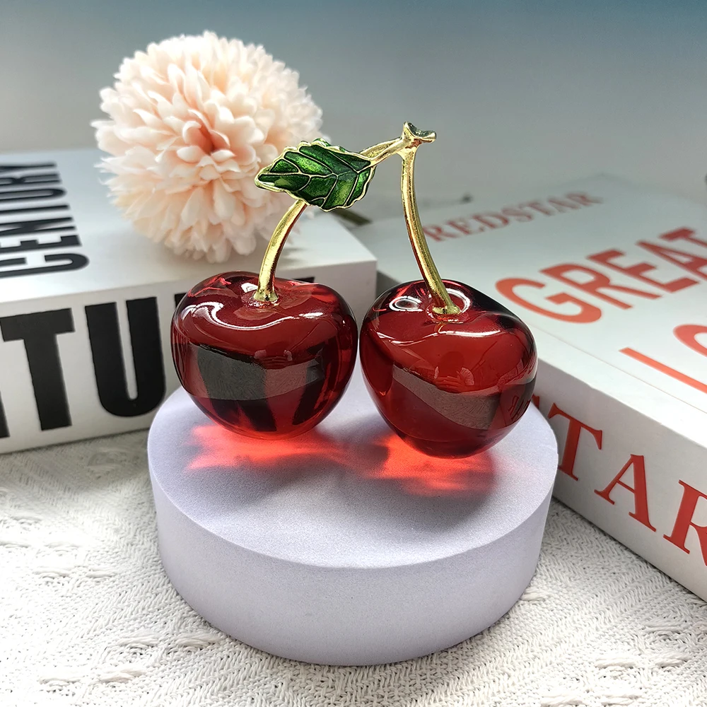 Crystal Cherry Figurine Glass Fruit Status Paperweight Home Decor Ornaments Tabletop Centerpiece