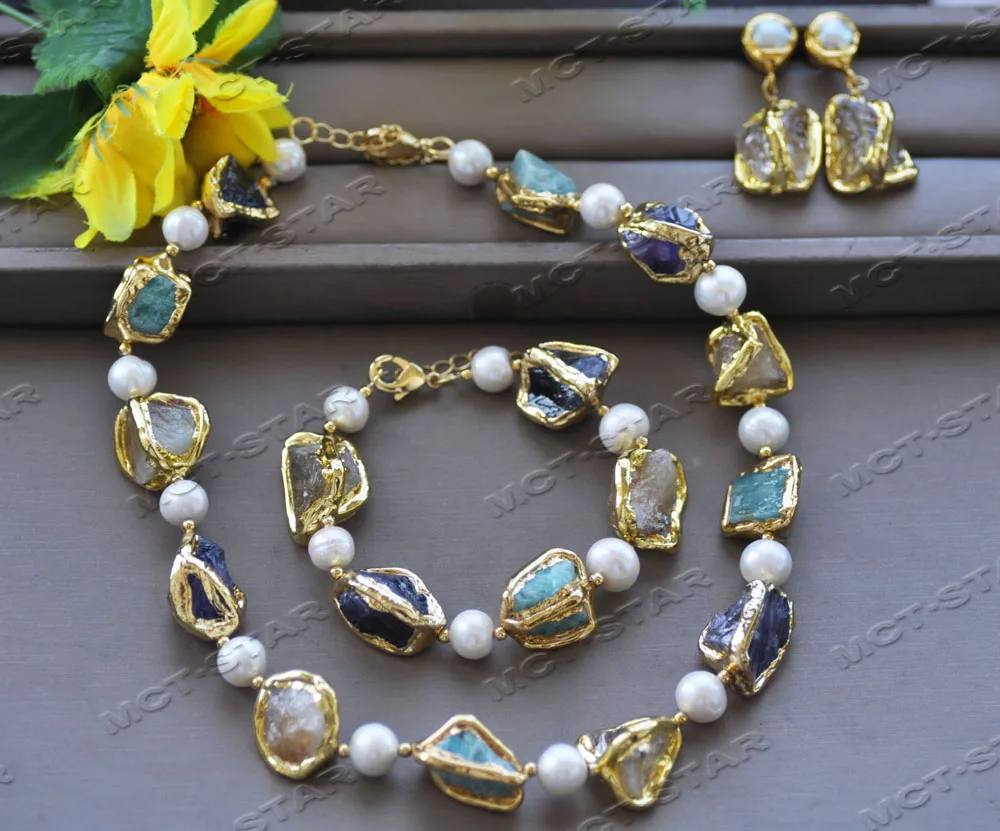 Z12244 Set 22mm Baroque Citrine Amethyst Aquamarine Gold-Plated White Pearl Necklace Bracelet Earring