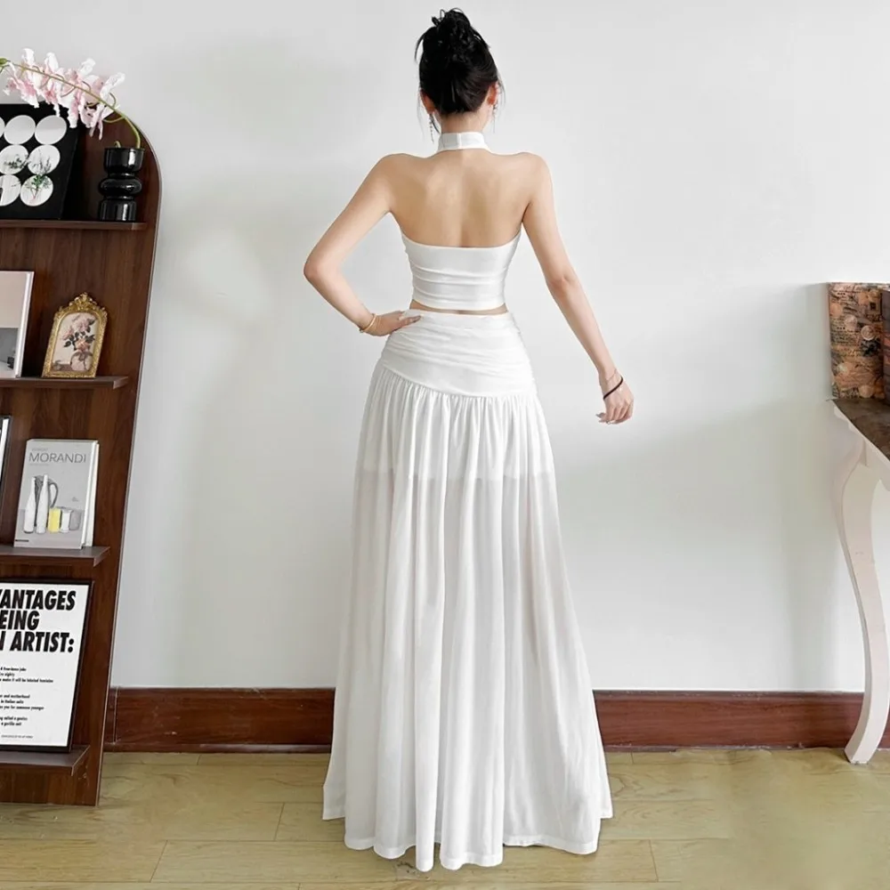 SylCue Ruched Elegant 2 Piece Set Women Halter Swing Collar Backless Crop Tops+High Waist Patchwork Skirts Vacation Style Suits