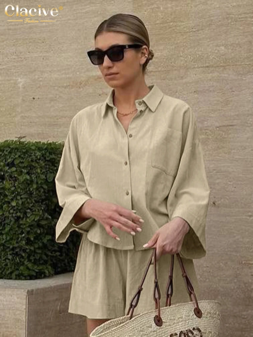 Clacive Fashion Loose Khaki Cotton 2 Pieces Set For Woman Elegant Long Sleeve Shirt With High Waist Shorts Set Female Clothing