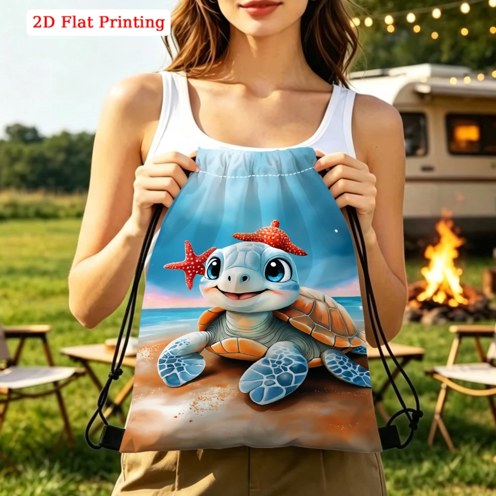 Cute Cartoon Sea Turtle 2D Print Drawstring Backpack for Fitness Sports Outdoor Travel