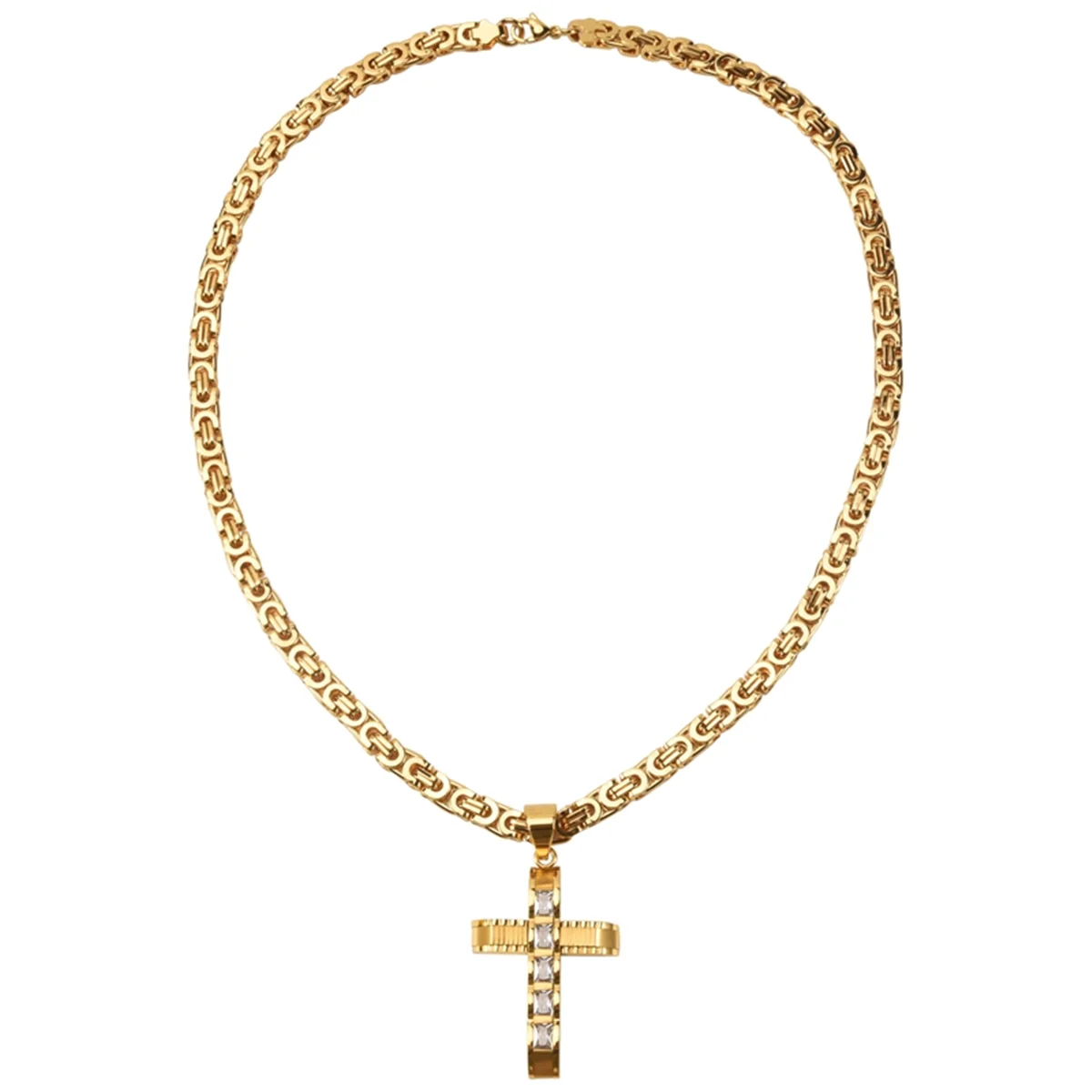 

Mens Stainless Steel Gold Cross Zircon Pendant Necklace Flat Chain Tone 6mm 22inch