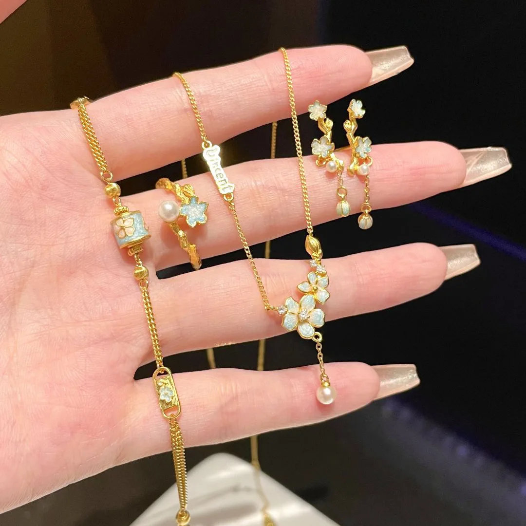 New Chinese Style Delicate Apricot Blossom Gold Toned Faux Pearl Jewelry Set Necklace Ring Earrings For Women Elegant Romantic