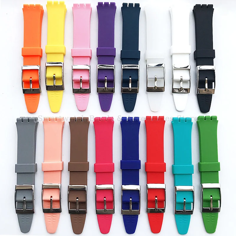 17mm 19mm Silicone Watch Strap for Swatch Wrist Band Rubber Waterproof Bracelet Watch Band Silver Pin Buckle Watch Accessories