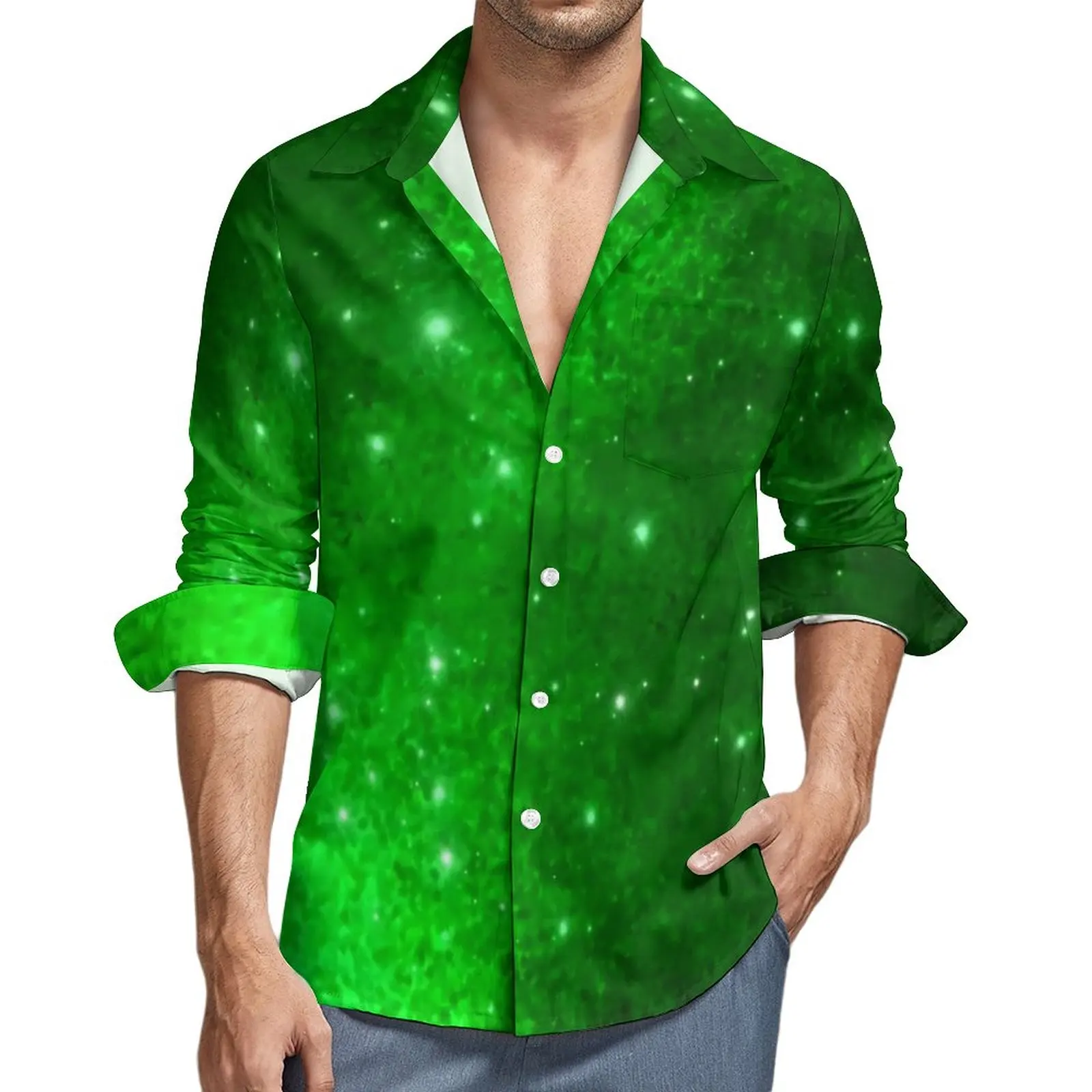 

Green Galaxy Casual Shirts Stars Print Elegant Shirt Autumn Street Style Oversized Blouse Men Long Sleeve Pattern Top Gift