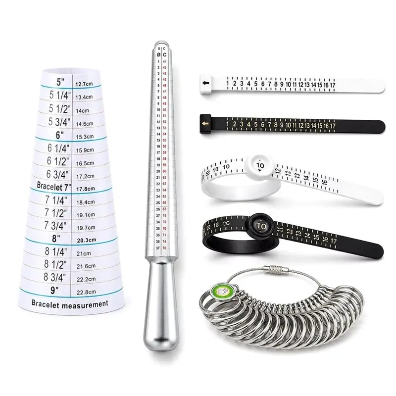 AAAN-Alloy Ring Mandrel Adjustable Ring Sizer Belt 7PCS Jewelry Ring Bracelet Sizing Kit Metal Finger Gauge Bracelet Ruler