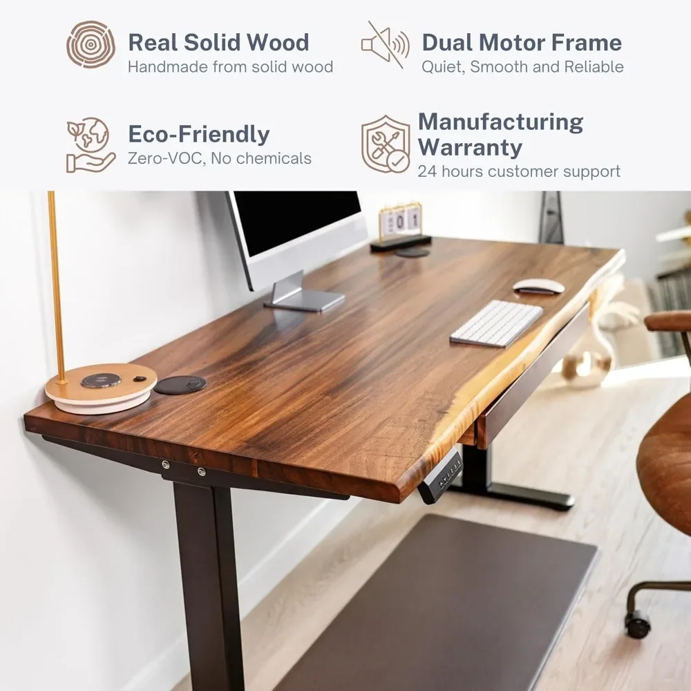 Standing Desk with Drawer – Walnut Solid Wood Desk, Live Edge Adjustable Height Desk, Dual Motor Sit Stand Desk for Home Office