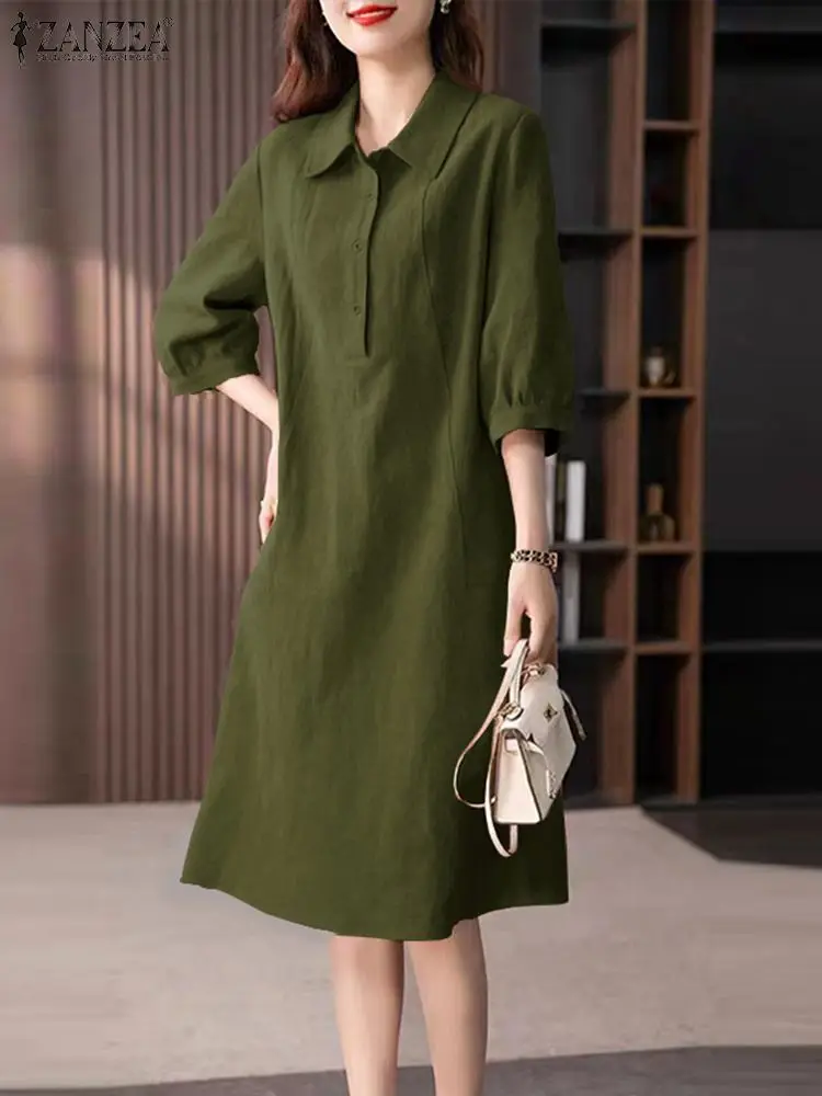 

Korean Fashion Vestidos ZANZEA Women Lapel Neck Shirt Dress 2024 Summer Lantern 3/4 Sleeve Midi Dress Casual Loose Buttons Robes