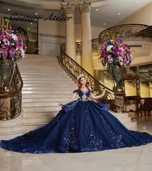 Off Shoulder Navy Blue Quinceanera Dresses Beaded Lace Appliques Pincess Ball Gown Ruffles Mexican Sweet 15 Dress Customized