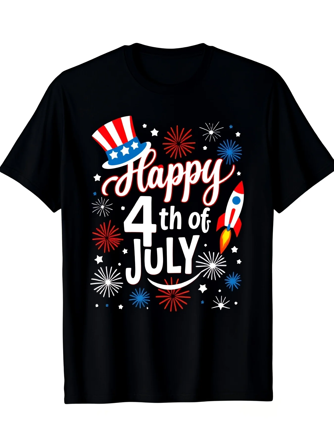 Men's And Unisex's Festive 4Th of July TShirt Showcasing a Patriotic Design with Fireworks And Rockets Embellished with Red And Blue Stars And Stripes Ideal for Parties Beach Outings And Spor2Retro Casual Short-sleeved T-shirt with a Round Neck