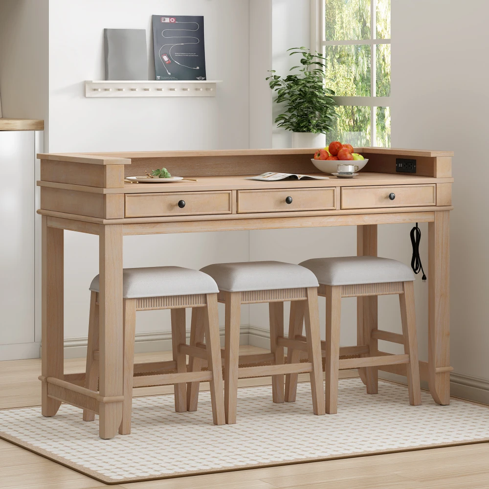 

TREXM 4-Piece 3-Seater Retro Kitchen Table Set with 3 Storage Drawers Ideal for Small Spaces (Natural)
