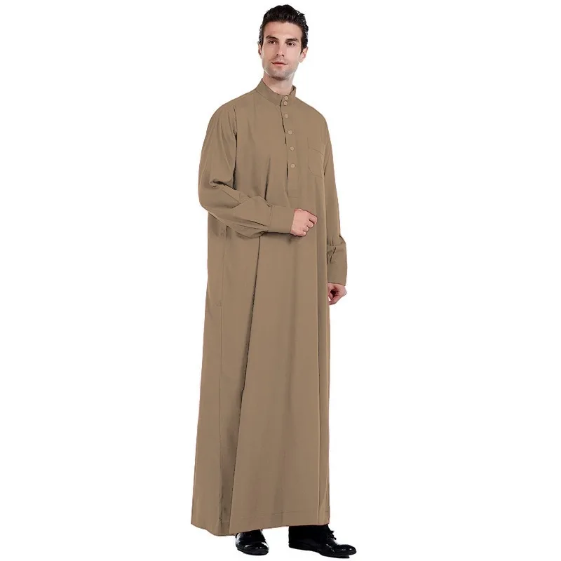 

Mens Muslim Robe Polyester Long Gown with Qatar Collar and Pocket Design Arabic Dubai Middle East Outfit
