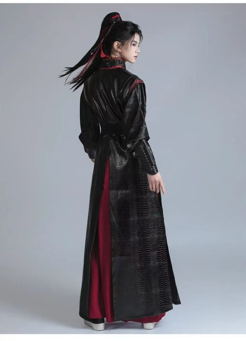 Dark Black Red Upgraded Hanfu Cool Men Women PU Leather Long Robe Halloween Comics Event Night Hero Coplaly Costume Street Suit