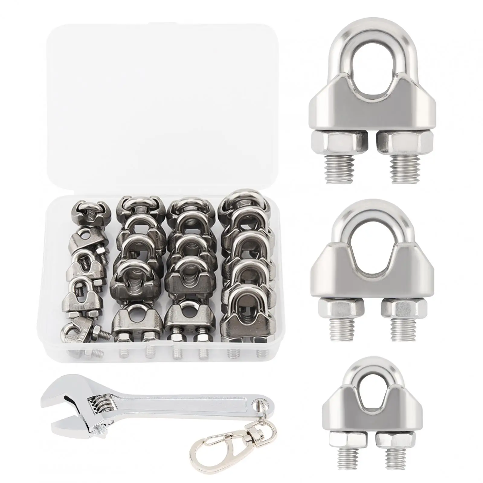 M3 & M5 & M6 Stainless Steel Wire Rope Cable Clip Clamps Set with 4 Inch Wrench Tool with Keychain, Clamps Assortment Tool Kit