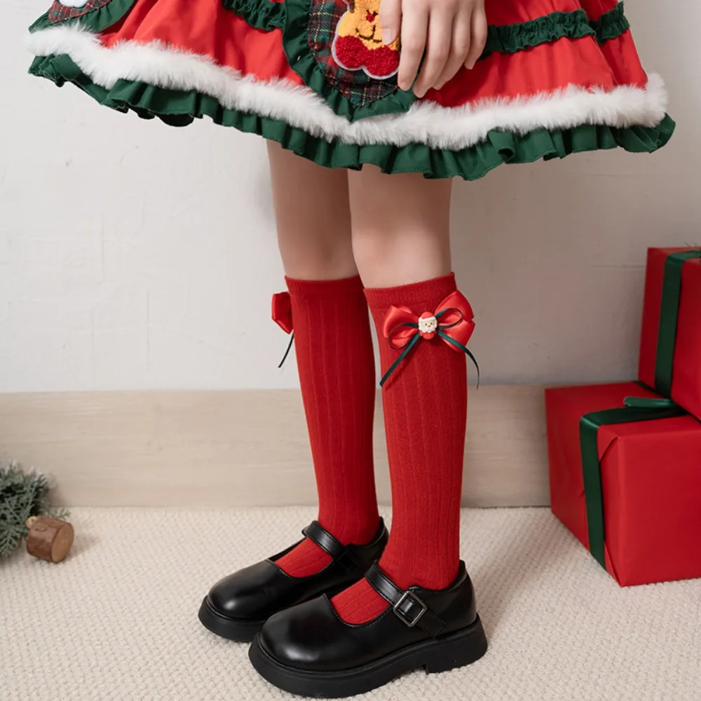 Baby Girls Christmas Socks Autumn Winter 2024 New Kids Cute Red Green 3D Bowknot Appliques Xmas Long Socks Fashion Children