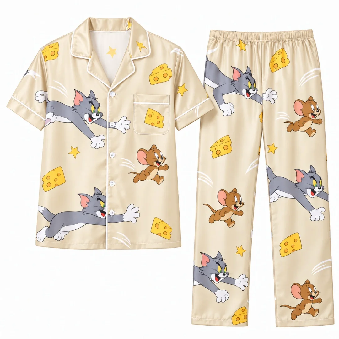 Tom and Jerry Home Pajama Set Cartoon Casual Home Clothes Unisex pajamas Leisure Men's T-Shirt Kid's Clothing Tee Y2k Woman ﻿