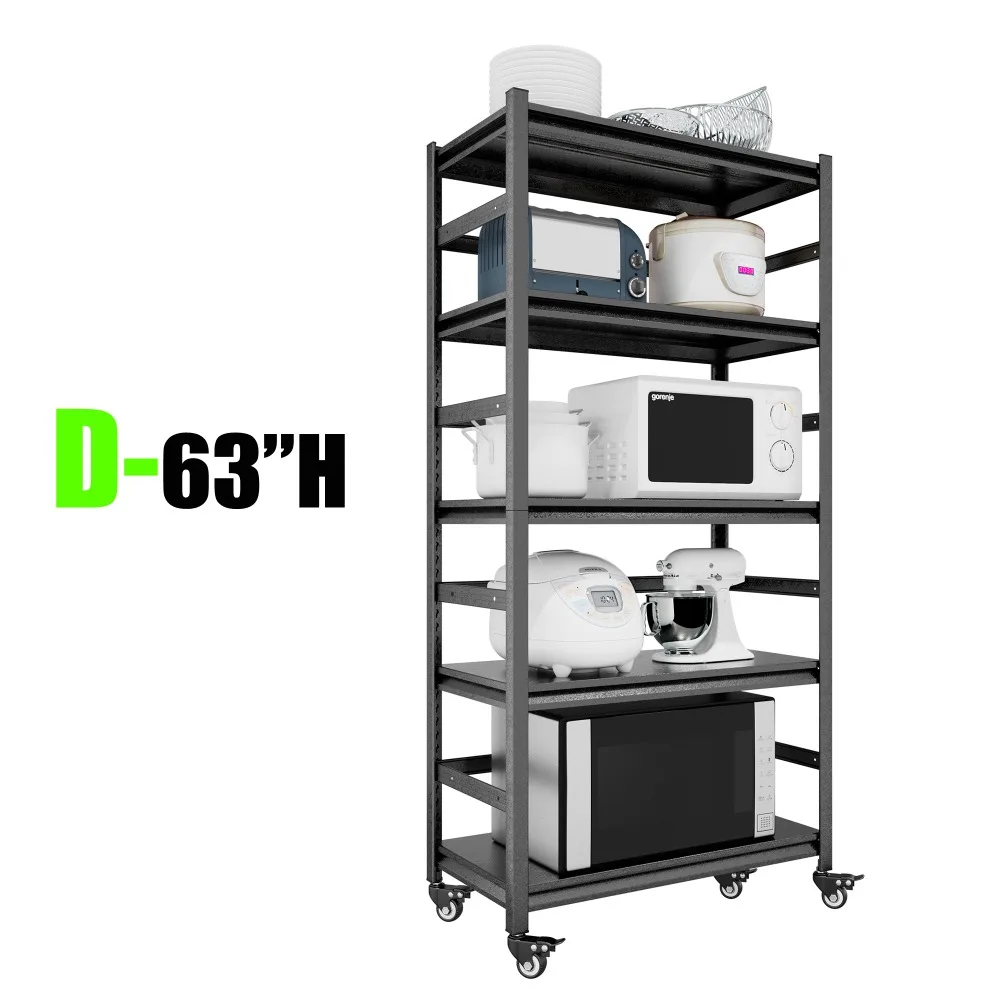 Prateleiras de armazenamento resistentes de 63" - Estante de metal ajustável de 5 camadas sobre rodas, capacidade de 1750 libras para armazenamento de cozinha e garagem