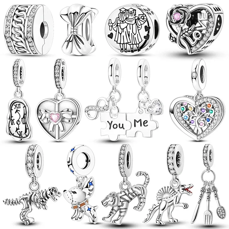 925 Sterling Silver Handsome Bulldog Tiger Vintage Spoon Fork Knife Charm Chain Clip Bead Fit Original Bracelet DIY Jewelry Gift