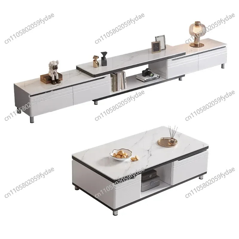 Coffee table TV cabinet Small apartment living room floor minimalist retractable wall side cabinet Marble pattern TV cabinet