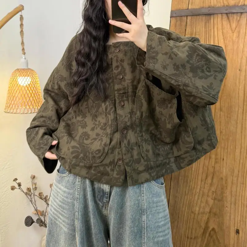 

Новое поступление, осенний художественный стиль, женские свободные однобортные куртки с длинным рукавом, большой карман, винтажное короткое пальто с принтом, высокое качество