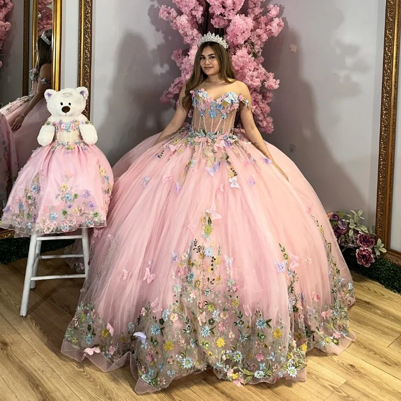 

Pink Shiny Customized Ball Gown Quinceanera Dresses Beading Crystal Bow Tull Corset Party Birthday Vestidos De 15 Graduación