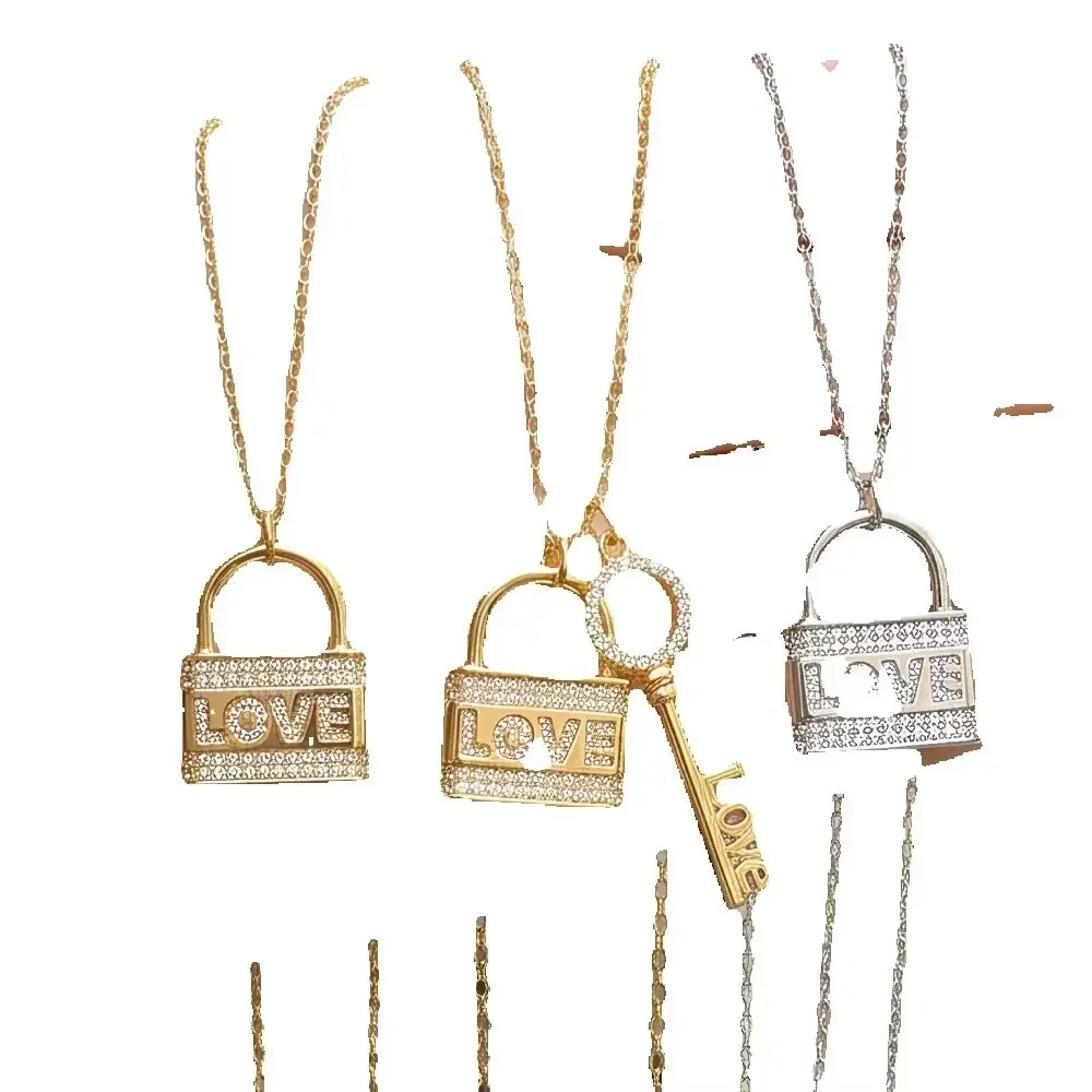 Love Lock Key Pendant Necklace Gold Silver Tone Cubic Zircon Inlaid Toggle Chain Necklaces Fashion Couple Jewelry For Women