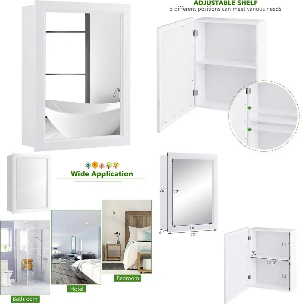 

Wooden Mirrored Bathroom Wall Cabinet with Single Door and Adjustable Shelf for Storage