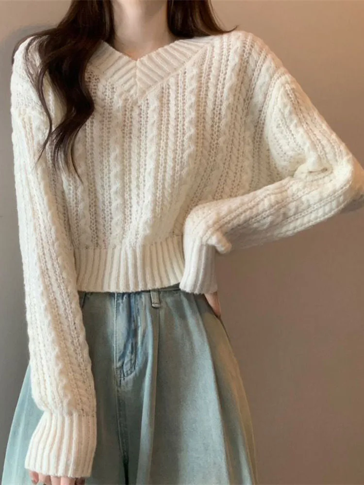 Zoki V Neck Casual Sweet Sweaters Women Fashion Long Sleeve Korean Knitted Short Pullovers Tops Autumn Lady Simple White Jumpers