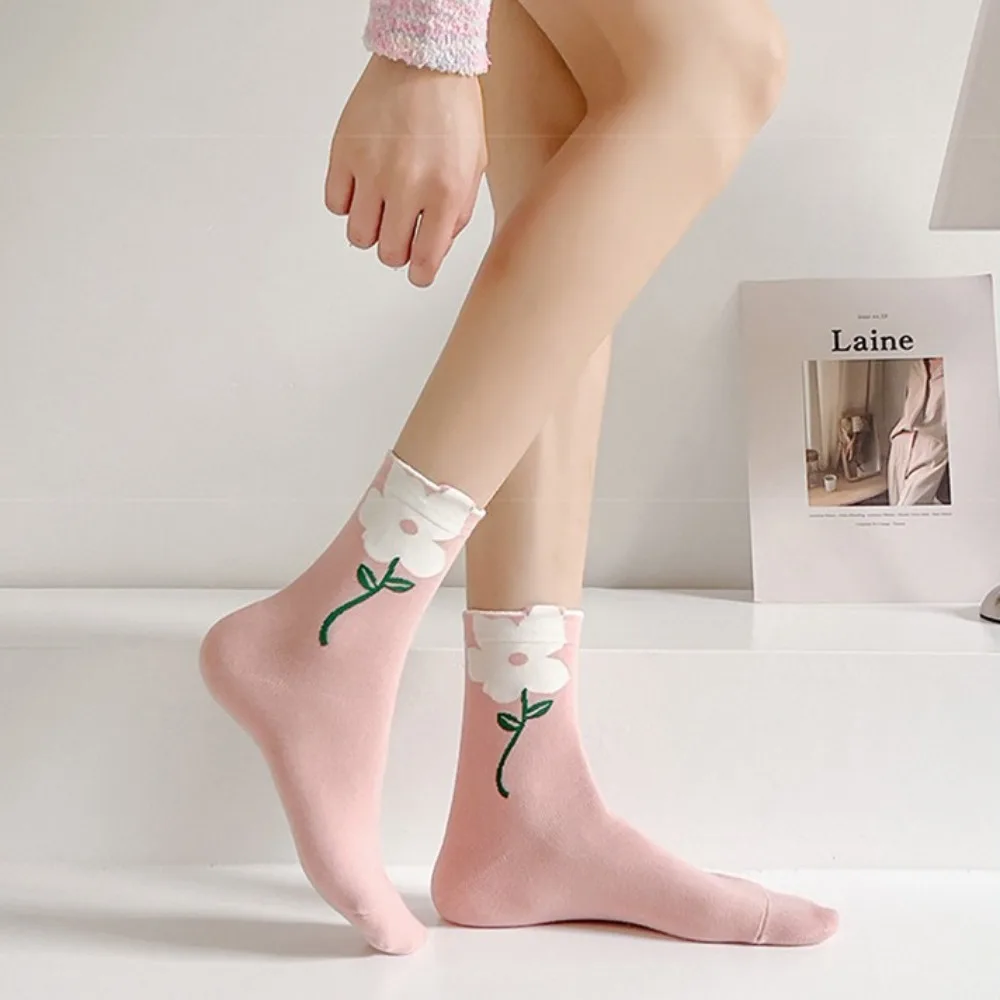 Cartoon Flower Women Socks Ins 3D Flower Cotton Mid Tube Socks Breathable Candy Color Tulip Socks Ladies