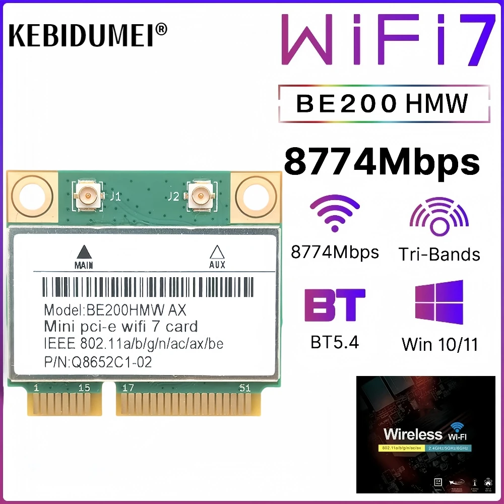 Be200 wifi 7 placa de rede sem fio be200hmw para bluetooth 5.4 tri banda 2.4g/5g/6ghz adaptador pcie para pc windows10/11 wifi6e