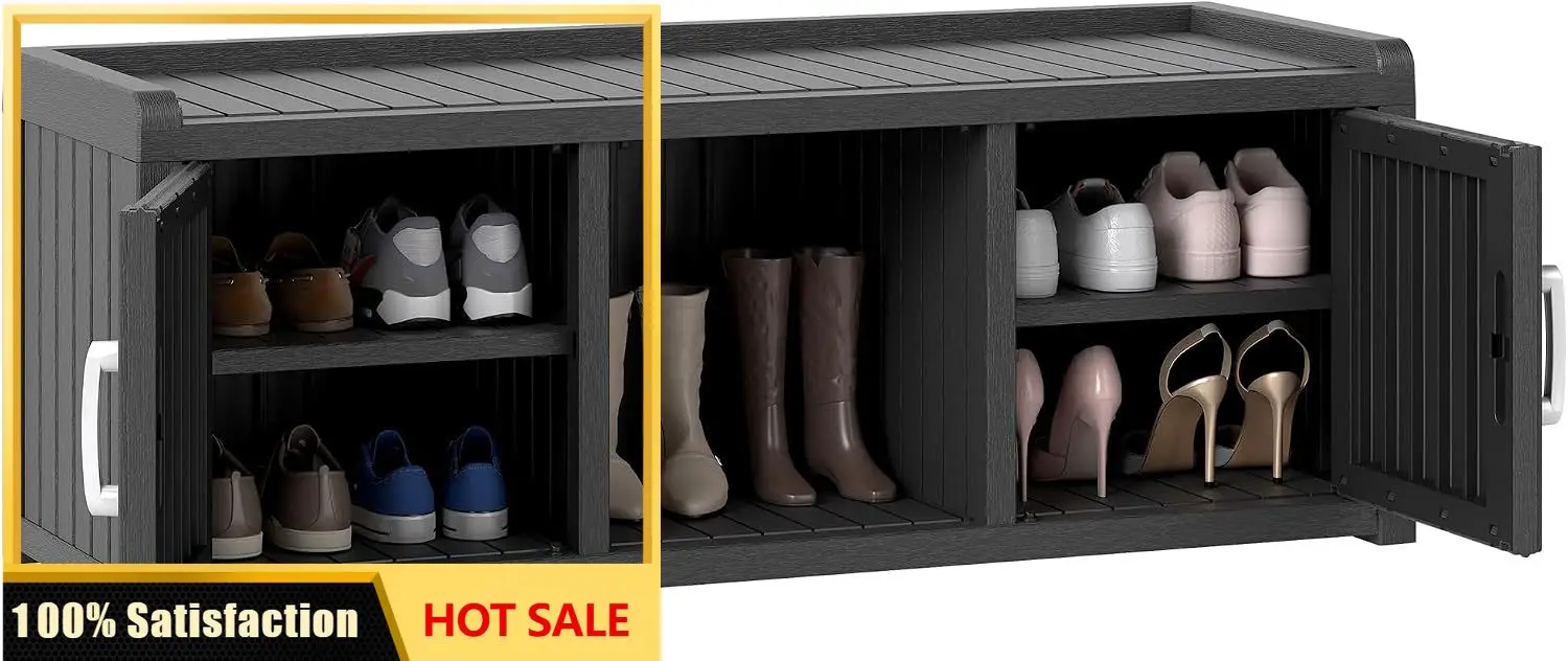 2-Tier Storage Bench, Waterproof UV-Resistant Outdoor Shoe Storage Cabinet with 2 Doors & Adjustable Shelves for Indoor Outdoor