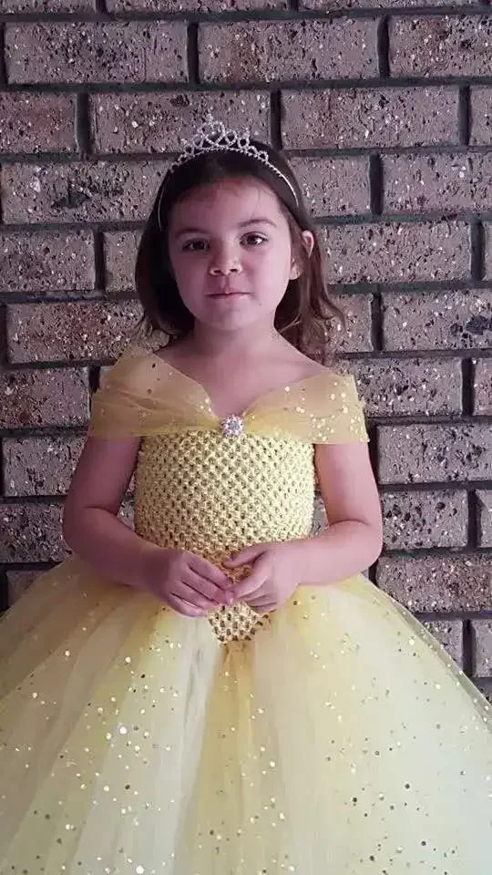 Elegant Yellow Girls Party Tutu Dress Princess Dress Stunning Yellow Glittery Tulle Baby Girls Tutu Dress Flower Girl Dresses