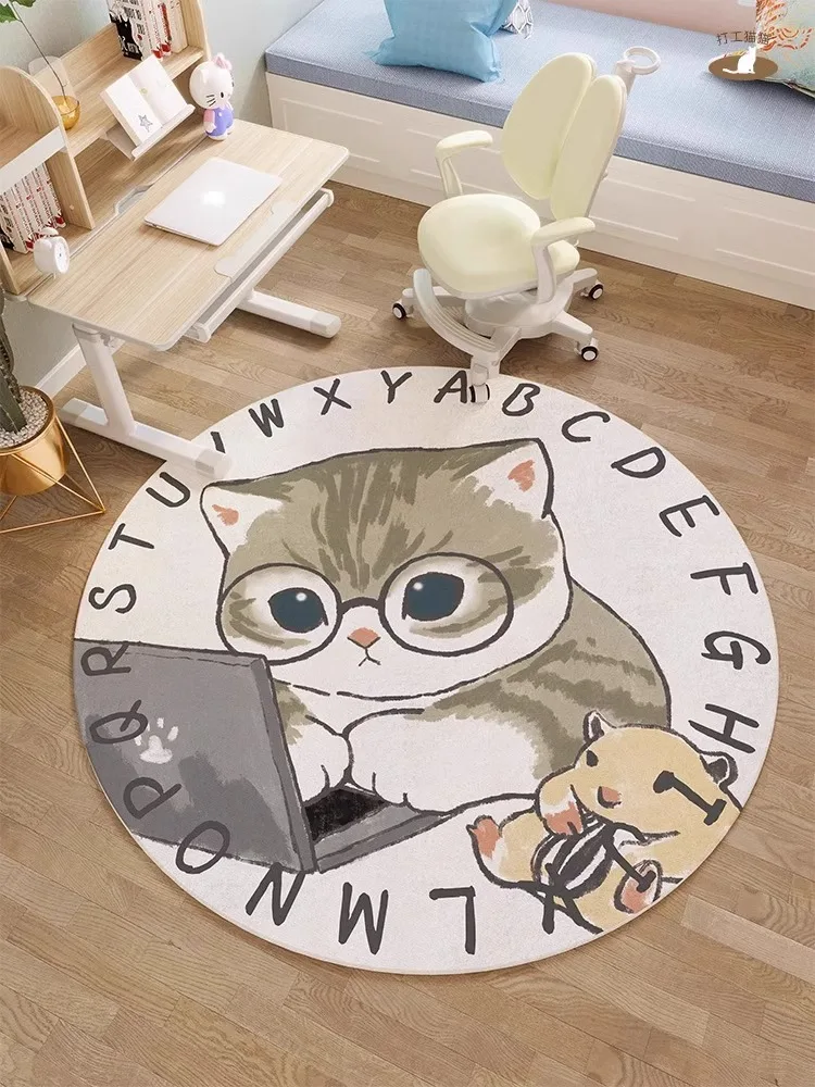 

Round Living Room Large Area Carpet Cartoon Cat Bedroom Bedside Carpet Cute Girl Room Rugs Easy Care Coffee Table Balcony Rug IG