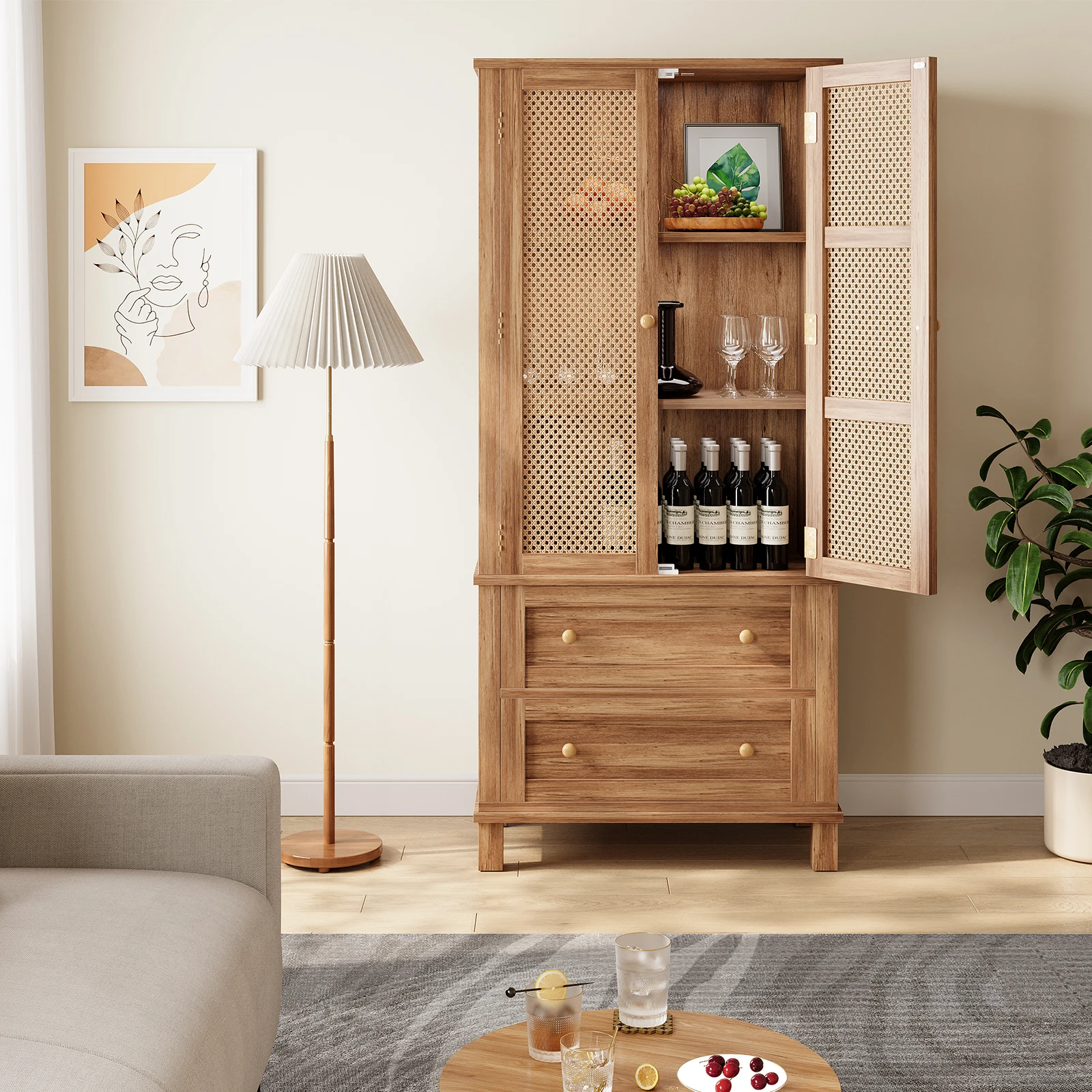 High Freestanding Tall Kitchen Pantry, Kitchen Pantry Storage Cabinet with Rattan Doors, Adjustable Shelf, for Kitchen