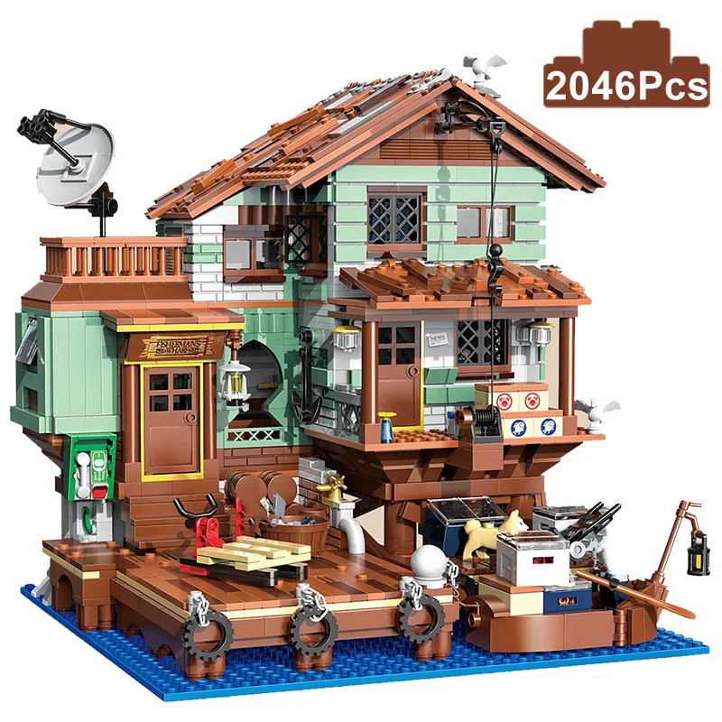 Creative Fisherman\'s Cabin Wharf Model Building Blocks Street View Old Fishing Shop Village Hut With Figures Mini Bricks Kid Toy