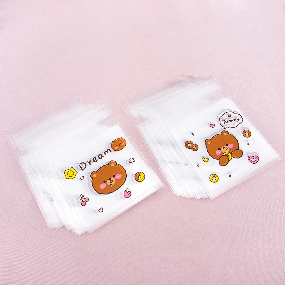 50pcs 7x7cm Cute Bear Plastic Packing Bag Transparent Self-Adhesive OPP Bags for Jewelry Packaging Candy Cookies Gift Pouches