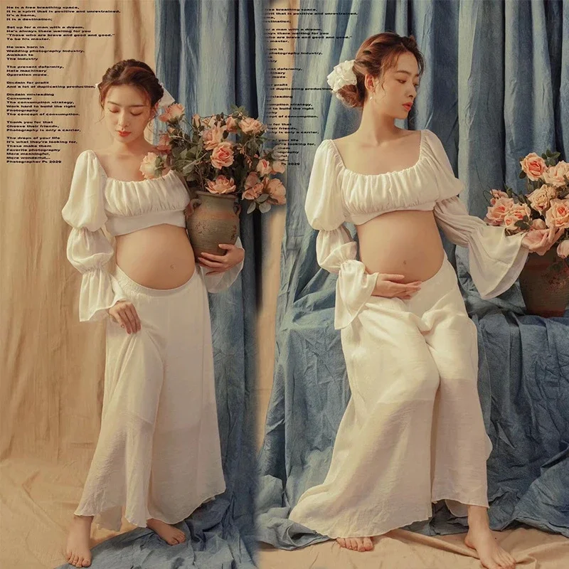 Women Photography Props Maternity Dresses Pregnancy White Full Sleeve Top Pants 2pcs Set Studio Shooting Photo Shoot Clothes